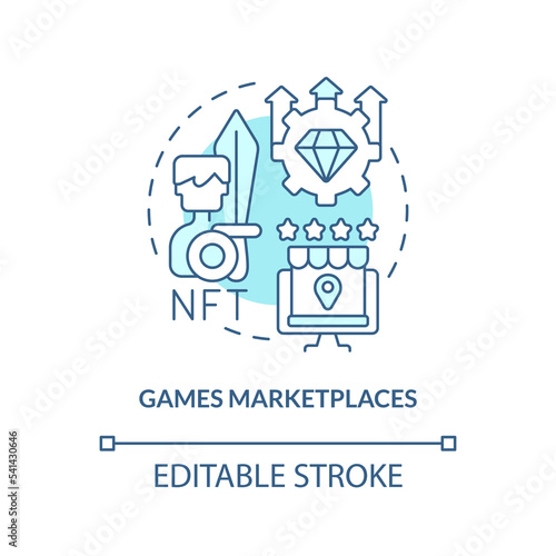Games marketplaces turquoise concept icon. Specified collections. NFT platform abstract idea thin line illustration. Isolated outline drawing. Editable stroke. Arial, Myriad Pro-Bold fonts used