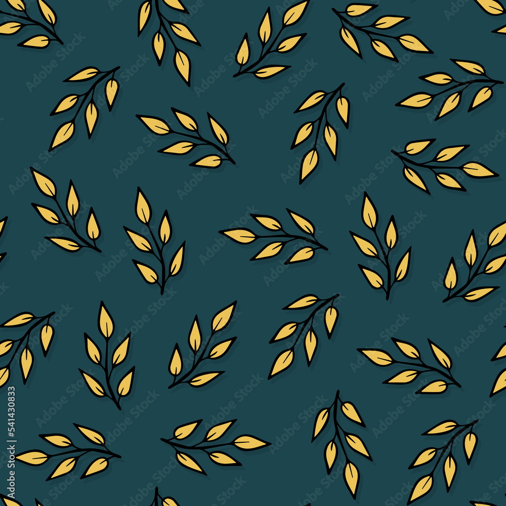 Fall Autumn Doodle Yellow Birch Branches linear colorful vector seasonal seamless pattern isolated on dark background