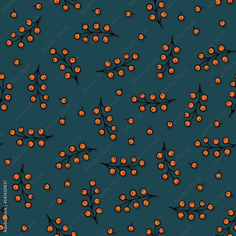 Fall Autumn Doodle Berry Branches linear colorful vector seasonal seamless pattern isolated on dark background