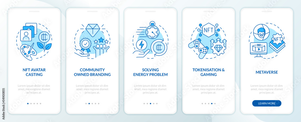 Important NFT trends blue onboarding mobile app screen. Marketing walkthrough 5 steps editable graphic instructions with linear concepts. UI, UX, GUI template. Myriad Pro-Bold, Regular fonts used