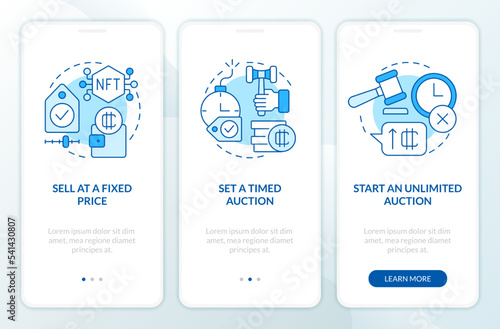 Ways of selling NFTs blue onboarding mobile app screen. Business walkthrough 3 steps editable graphic instructions with linear concepts. UI, UX, GUI template. Myriad Pro-Bold, Regular fonts used