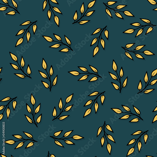 Obraz na płótnie Fall Autumn Doodle Yellow Birch Branches linear colorful vector seasonal seamless pattern isolated on dark background w salonie
