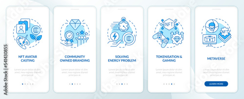 Important NFT trends blue onboarding mobile app screen. Marketing walkthrough 5 steps editable graphic instructions with linear concepts. UI, UX, GUI template. Myriad Pro-Bold, Regular fonts used © bsd studio