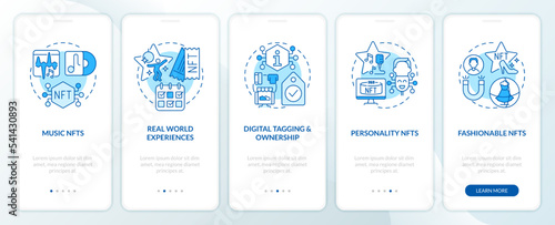 Trends in NFT space blue onboarding mobile app screen. Development walkthrough 5 steps editable graphic instructions with linear concepts. UI, UX, GUI template. Myriad Pro-Bold, Regular fonts used