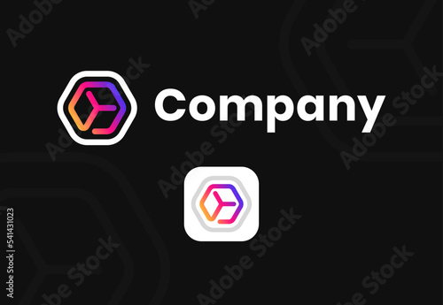Cube box logo abstract design technology vector template linear style. Logotype concept icon. Hexagon box gradient design.