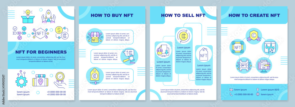 NFT for beginners blue brochure template. Crypto art business. Leaflet design with linear icons. Editable 4 vector layouts for presentation, annual reports. Arial-Black, Myriad Pro-Regular fonts used