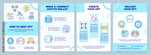 NFT minting blue brochure template. Sell digital art. Leaflet design with linear icons. Editable 4 vector layouts for presentation, annual reports. Arial-Black, Myriad Pro-Regular fonts used