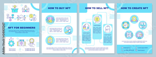 NFT for beginners blue brochure template. Crypto art business. Leaflet design with linear icons. Editable 4 vector layouts for presentation, annual reports. Arial-Black, Myriad Pro-Regular fonts used