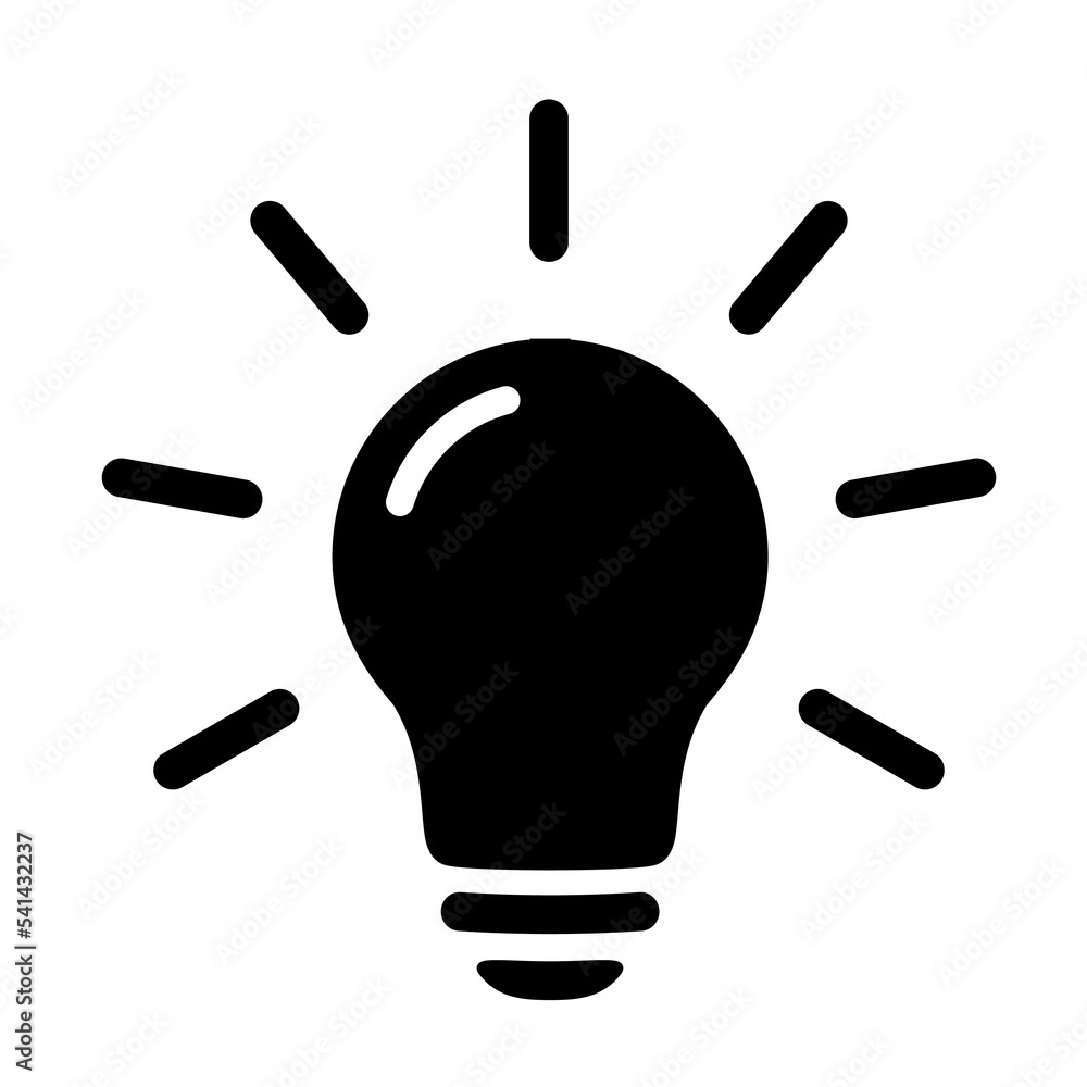 Black lightbulb icon in flat style. Lighting lamp in black isolated on white. Light bulb as sign solution, idea, thinking concept. Electricity bulb shine. Vector design for web site, UI, mobile app. Black lightbulb icon in flat style. Lighting lamp in black isolated on white. Light bulb as sign solution, idea, thinking concept. Electricity bulb shine. Vector design for web site, UI, mobile app.