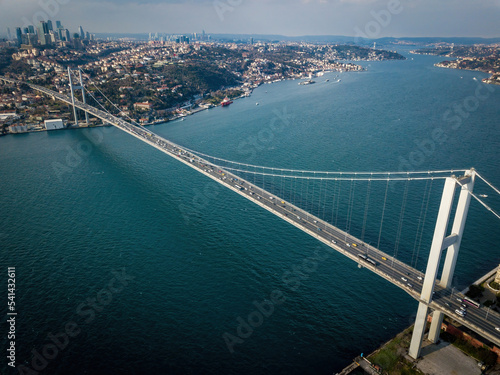 Fantactic aerial views of Istanbul Bosphorus bridge (15 July Martyrs Bridge) (aerial drone photo). Istanbul, Turkey