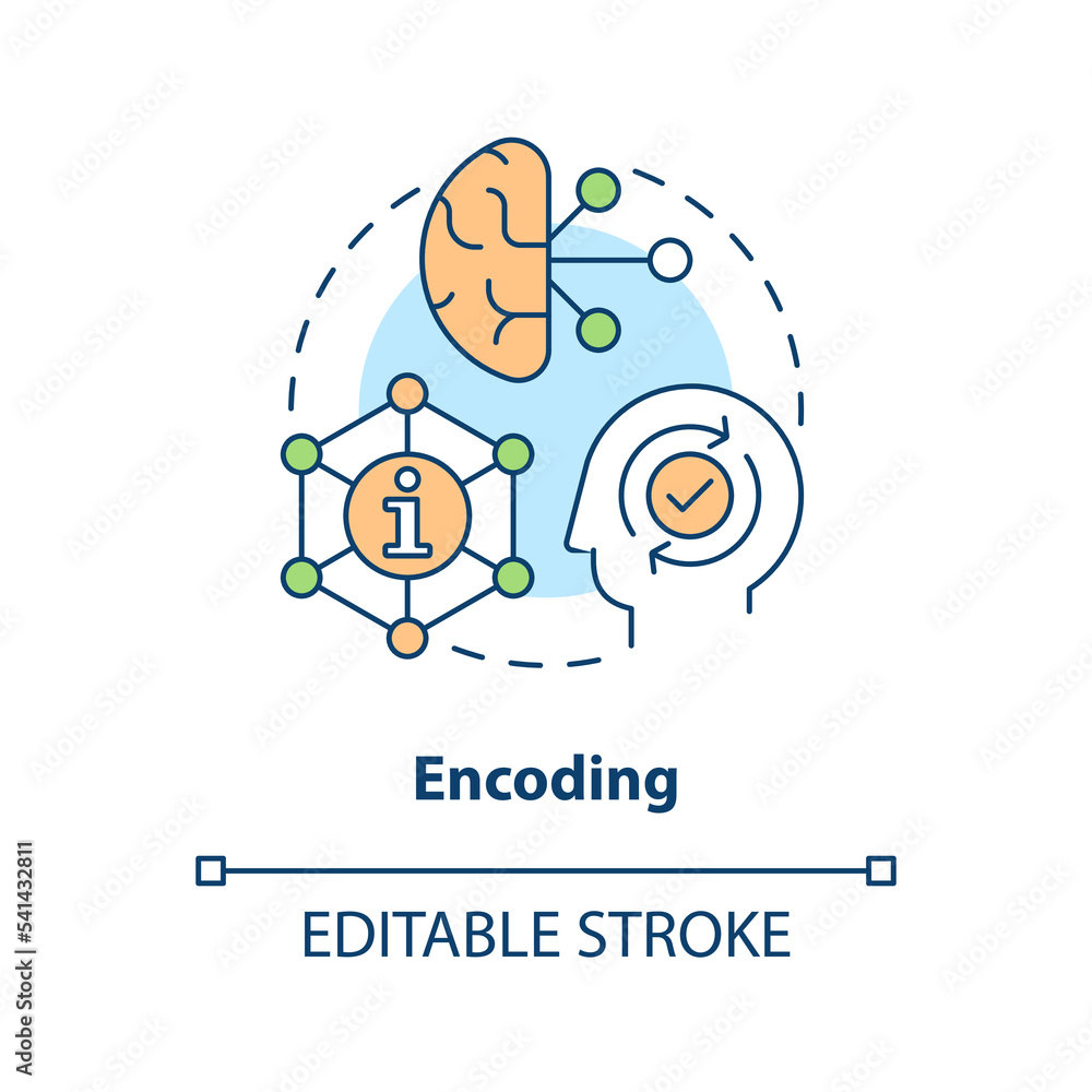 Encoding information in brain concept icon. Memorization process. Long-term memory abstract idea thin line illustration. Isolated outline drawing. Editable stroke. Arial, Myriad Pro-Bold fonts used Encoding information in brain concept icon. Memorization process. Long-term memory abstract idea thin line illustration. Isolated outline drawing. Editable stroke. Arial, Myriad Pro-Bold fonts used