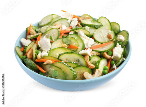 Bowl of delicious cucumber salad isolated on white
