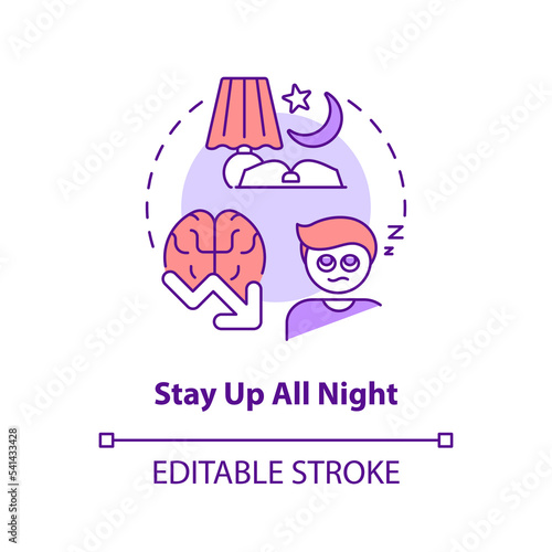 Study all night concept icon. Low productivity. Trouble sleeping. Ineffective learn abstract idea thin line illustration. Isolated outline drawing. Editable stroke. Arial, Myriad Pro-Bold fonts used