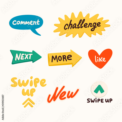 Social media stickers, challenge, new, swipe etc. Making a blog or vlog vector flat illustration. Set of cartoon icons for making stories or internet content