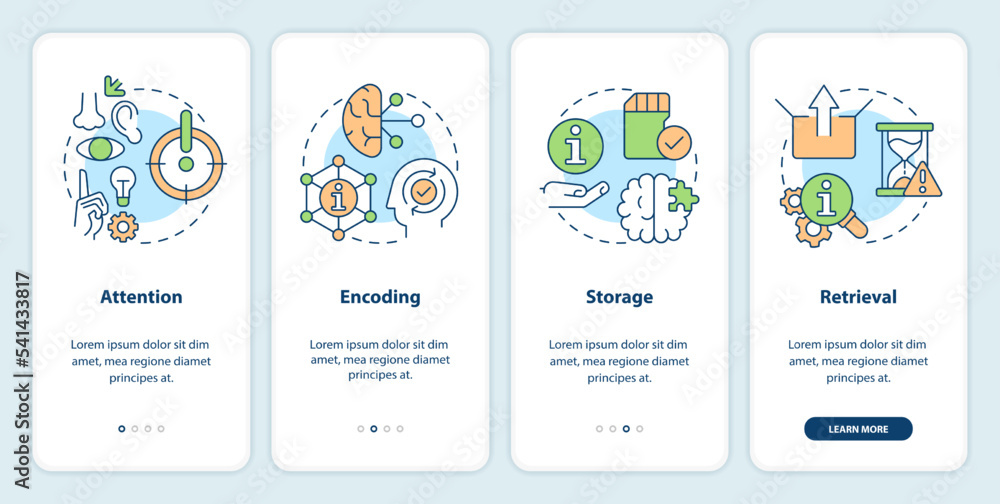 Memorizing information onboarding mobile app screen. Memory process walkthrough 4 steps editable graphic instructions with linear concepts. UI, UX, GUI template. Myriad Pro-Bold, Regular fonts used