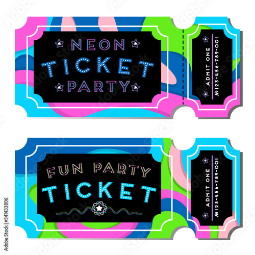 Set of two tickets for neon party for boys and girls in neon blue, green, pink colors. Isolated on white background. Invitation for one.