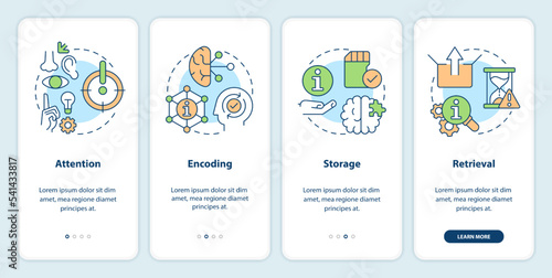 Memorizing information onboarding mobile app screen. Memory process walkthrough 4 steps editable graphic instructions with linear concepts. UI, UX, GUI template. Myriad Pro-Bold, Regular fonts used