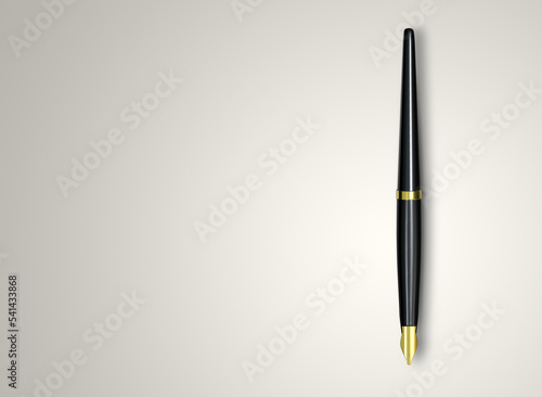 Fountain pen with white paper on woodden table, 3D rendering image