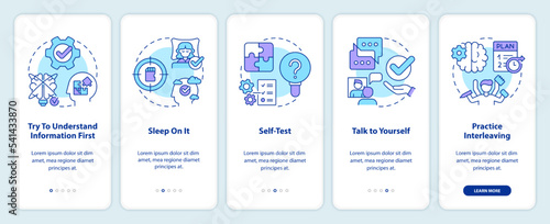 Simple memory tricks onboarding mobile app screen. Learning new walkthrough 5 steps editable graphic instructions with linear concepts. UI, UX, GUI template. Myriad Pro-Bold, Regular fonts used
