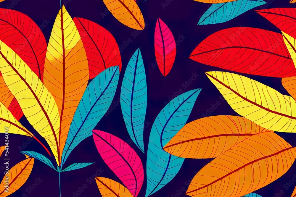 Exotic tropical artistic leaves saturated in color. 2d illustrated seamless pattern. Hand drawn cartoon style print. colorful floral jungle Plant, trendy wallpaper on dark background.
