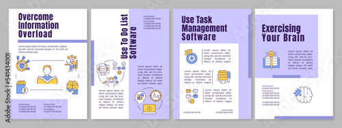 Overcome information overwhelm purple brochure template. Manage. Leaflet design with linear icons. Editable 4 vector layouts for presentation, annual reports. Anton, Lato Regular fonts used