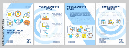 Memorizing methods blue brochure template. Learn style. Psychology. Leaflet design with linear icons. Editable 4 vector layouts for presentation, annual reports. Arial, Myriad Pro-Regular fonts used