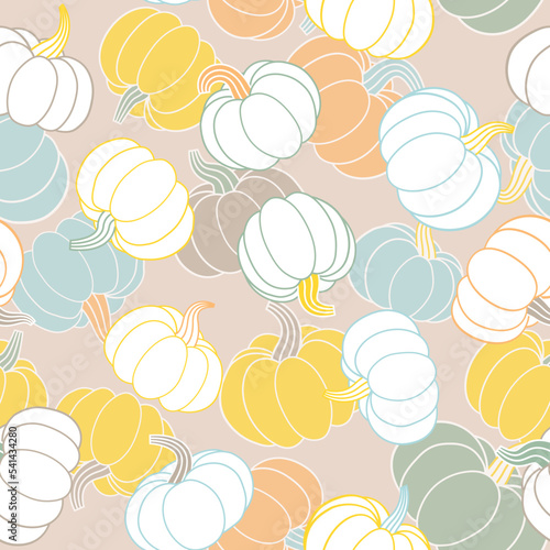 Vector pastel seamless pattern with pumpkins. Repeated background for autumn decor, seasonal textile prints, holiday banners, backdrops, wallpapers. Eps 10