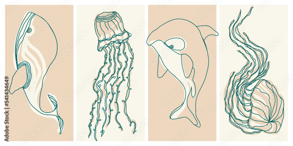 Set of whale and jellyfish vector illustration with line art style.