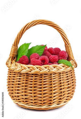 Ripe raspberries in wicker basket isolated on white background