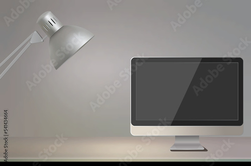 Vector Illustration. Workplace in the office, computer monitor, lamp, template, business concept