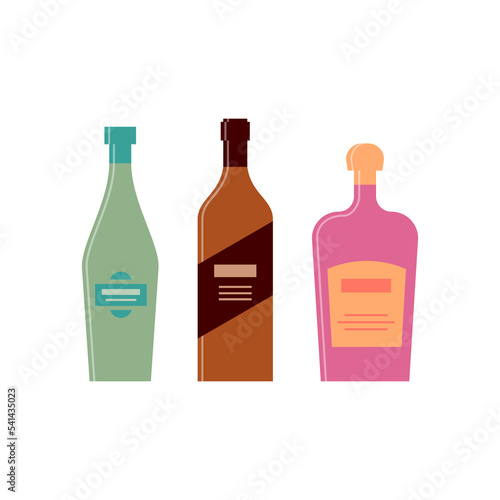 Set bottles of vermouth brandy liquor. Icon bottle with cap and label. Great design for any purposes. Flat style. Color form. Party drink concept. Simple image shape