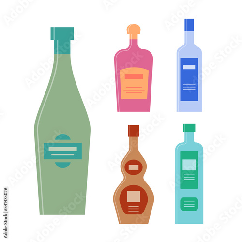 Set bottles of vermouth cream vodka cognac schnapps. Icon bottle with cap and label. Graphic design for any purposes. Flat style. Color form. Party drink concept. Simple image shape