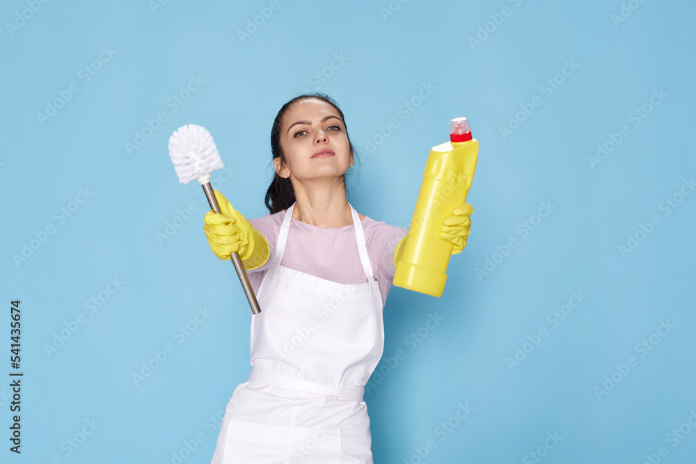 woman in gloves and cleaner apron holding toilet brush woman in gloves and cleaner apron holding toilet brush