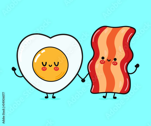 Cute, funny happy bacon and fried eggs. Vector hand drawn cartoon kawaii characters, illustration icon. Funny cartoon bacon and fried eggs mascot character concept