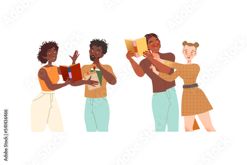 Bookcrossing with Happy Man and Woman Character with Borrowed Paper Book Vector Set