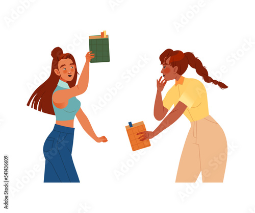 Bookcrossing with Happy Woman Character with Borrowed Paper Book Vector Set