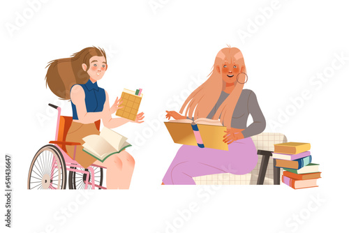 Bookcrossing with Happy Woman Character Reading Borrowed Paper Book Vector Set