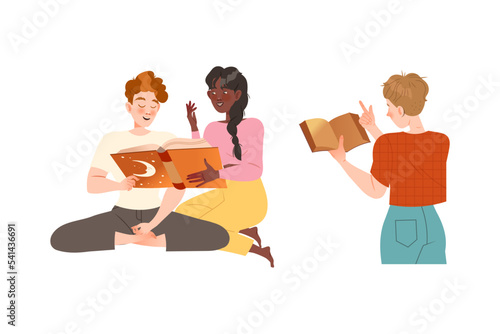 Bookcrossing with Happy Man and Woman Character with Borrowed Paper Book Vector Set