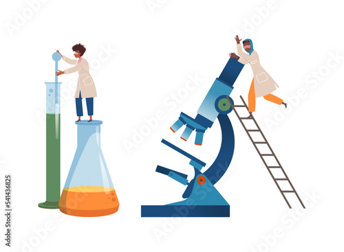 Man and Woman Scientist Character with Huge Flask and Microscope Conducting Scientific Research Vector Illustration Set