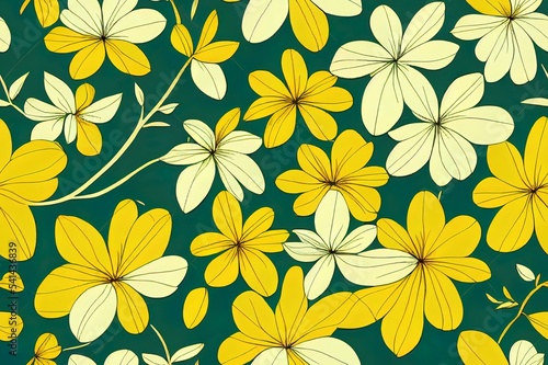 Seamless pattern of hand drawn bright yellow flowers with green leaves in Japanese graphic style.