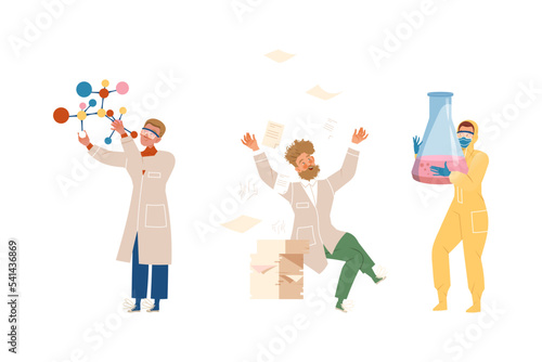 Man Scientist Character with Flask, Paper Sheet and Molecule Conducting Scientific Research Vector Illustration Set