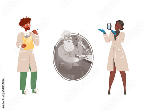 Man and Woman Scientist Character Conducting Scientific Research Vector Illustration Set