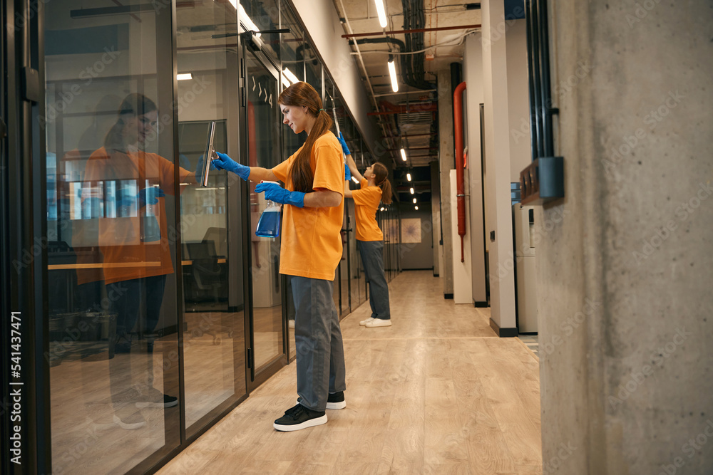 Obraz premium Two employees cleaning company clean the mirrored partitions coworking space