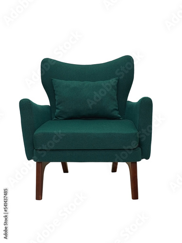 green fabric armchair with pillow, wooden legs on white background, front view