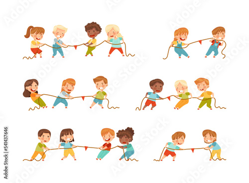 Cute kids playing with rope tug of war. Groups of happy children pulling opposite ends of rope cartoon vector illustration