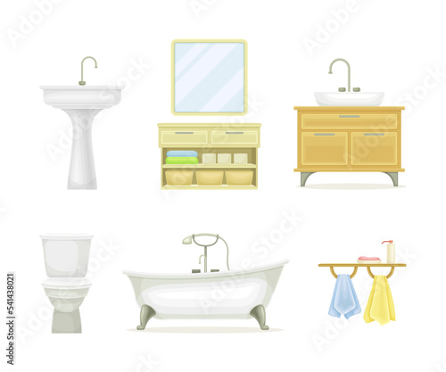 Bathroom equipment set. Sink, bathtub, mirror, toilet bowl and towels cartoon vector illustration