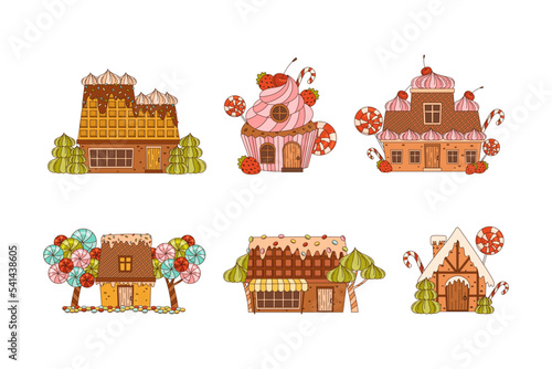 Cute fantasy candy houses with candies and decorations set. Festive gingerbread cake cottages cartoon vector illustration