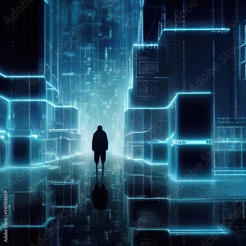 A hacker with hoodie inside a computer system, metaverse, tron style
