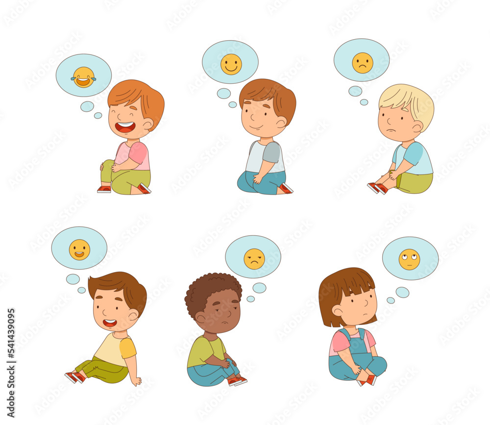Set of little boys and girls with emojis in speech bubbles over of their heads. Kids imagination cartoon vector illustration Set of little boys and girls with emojis in speech bubbles over of their heads. Kids imagination cartoon vector illustration