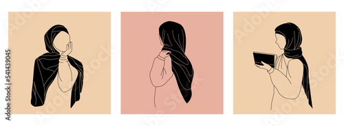 Set vector illustrations of arabian hijab woman. Modern abstract faces fashion muslim girl. Elegant trendy Illustration in simple line art style. 